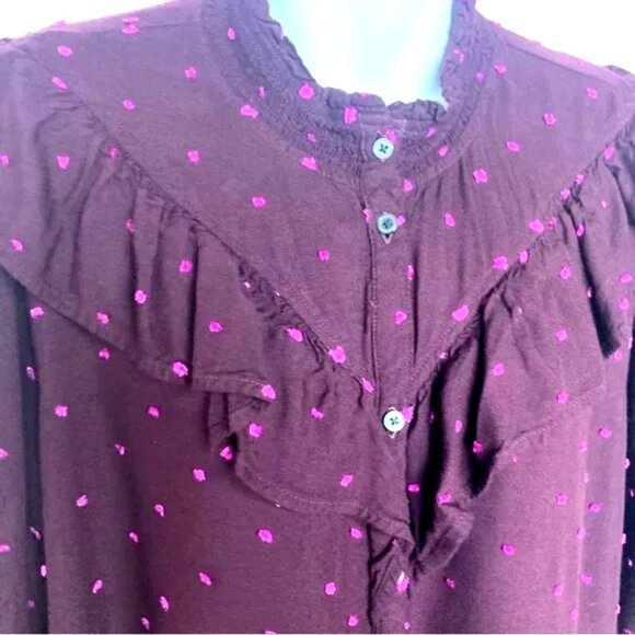 Loft Victorian Button Down Blouse With Ruffle Coquette sz L Plum Pink Polka Dot - Picture 8 of 9